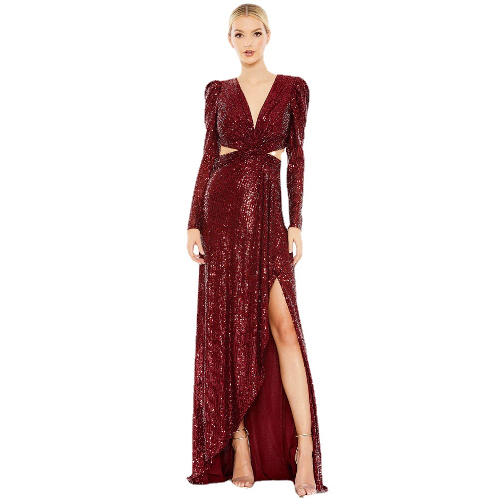 Europa y América del comercio exterior verano nuevo irregular sin respaldo banquete vestido de fiesta sexy split manga larga vestido de lentejuelas