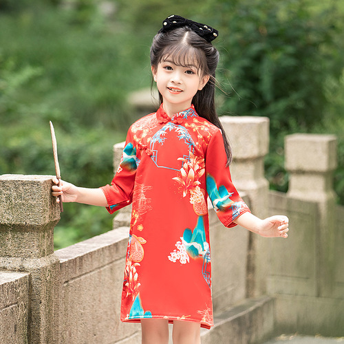 Kids baby floral traditional chinese qipao dresses girl republic of China model show cosplay tang suit collar hanfu folk costumes cheongsam dress