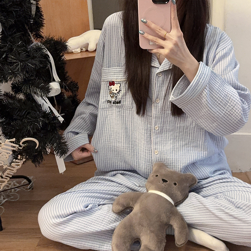 韩系蓝色条纹睡衣女春秋季新款婴儿纯棉纱布长袖卡通家居服两件套|undefined