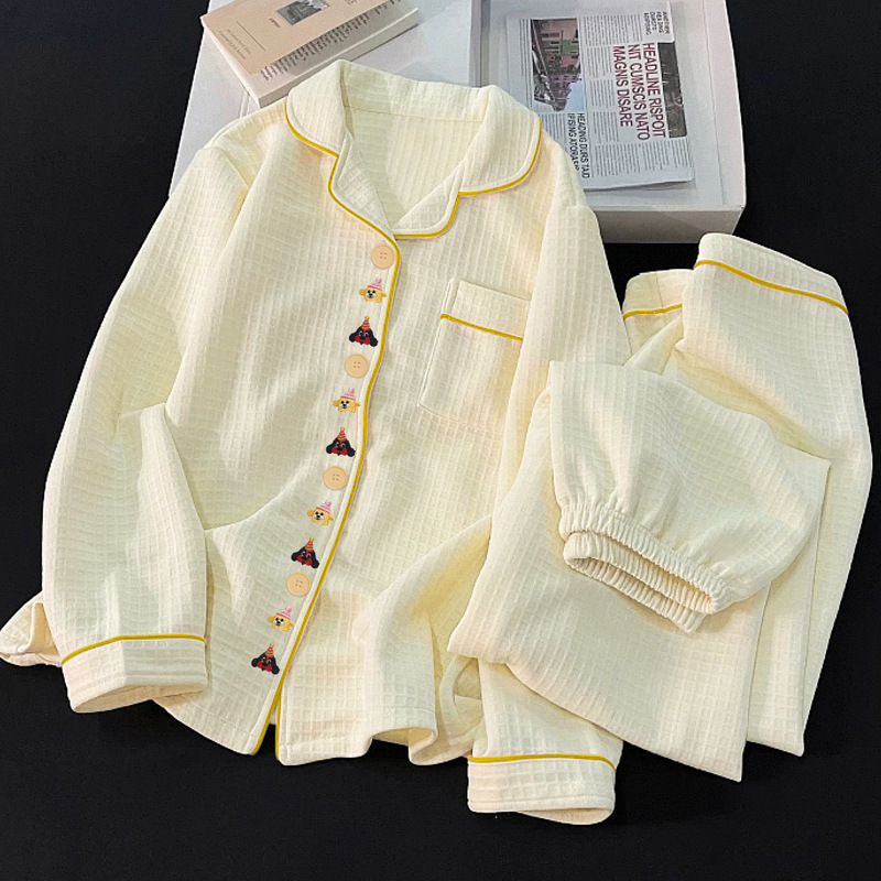 Cute Solid Color Cute Waffle Plaid Embroidered Cartoon Air Cotton Pajamas Ins Women's Home Wear Set Wholesale