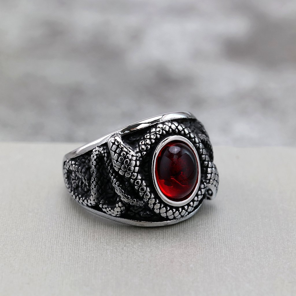 European and American Retro Stainless Steel Men's Ring Solid Ruby Double Snake Ring