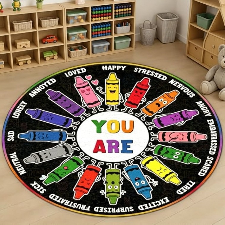 Kindergarten cartoon round carpet, early education center reading area mat, letter cartoon colorful, dirt-resistant, easy-to-clean floor mat