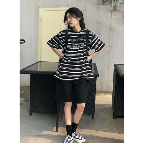 Women's Loose Short Sleeve T-Shirt and Shorts Set, 2025 Summer New Arrival, American Street Style Striped Casual Outfit