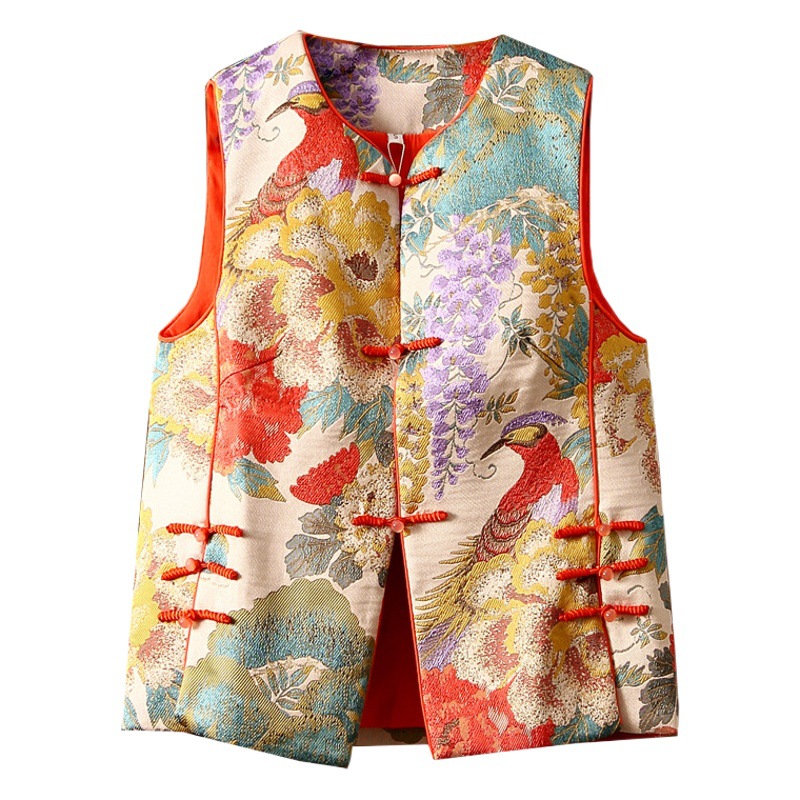 Mujeres brocado de cuello de corazón Jacquard chaleco sin mangas chaqueta chaqueta chaqueta chaqueta estilo chino bordado tridimensional