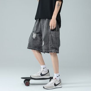 Summer Ripped Denim Shorts for Men Korean Style Hong Kong Style Youth Trendy Loose Straight Large Pants Workwear Five-Point Pants