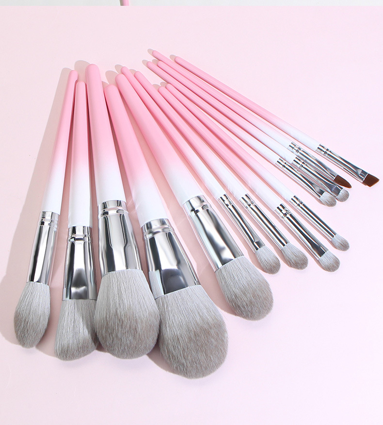 13 Pcs Gradient Color Pink Grey Fiber Wool Full Set Beauty Makeup Brush Set display picture 2