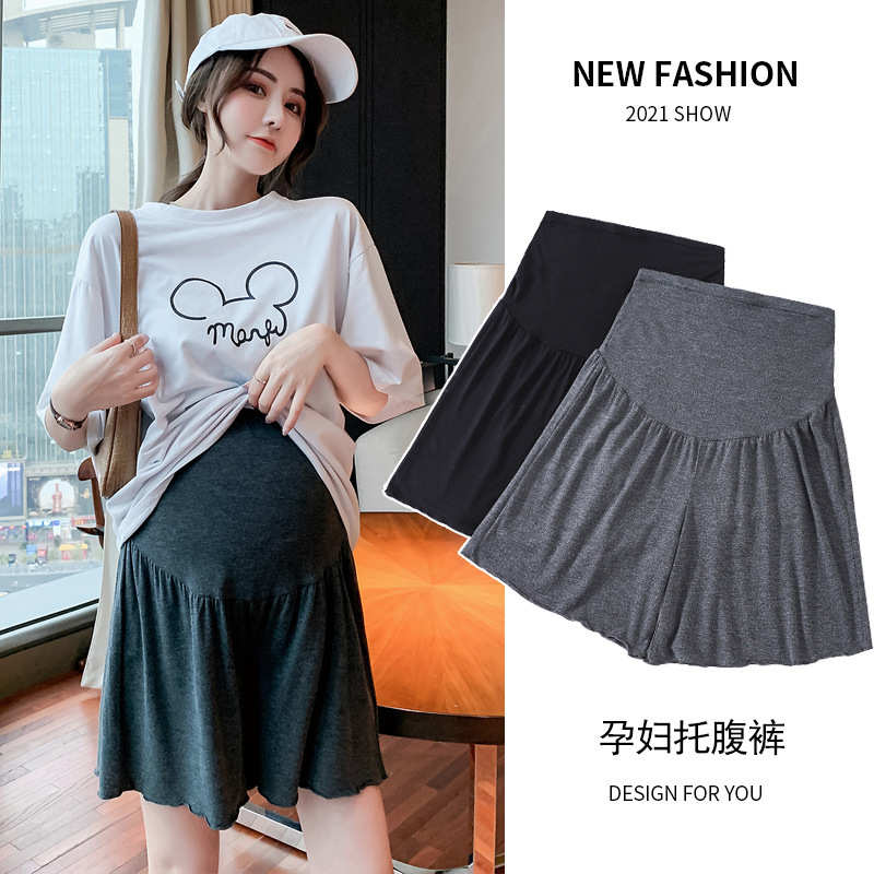 Modal Maternity Shorts for Outer Wear, Thin Summer Loose Fit with Ruffled Edges, Wide-Leg Plus Size Maternity Pants, Black