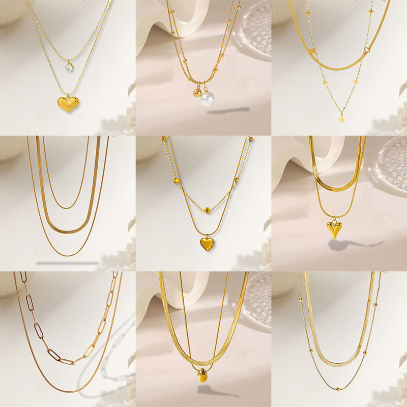 European and American Popular Wholesale Heart-Shaped Pendant Titanium Steel Necklace Elegant Double-Layer Fashion Necklace Simple Design Clavicle Chain