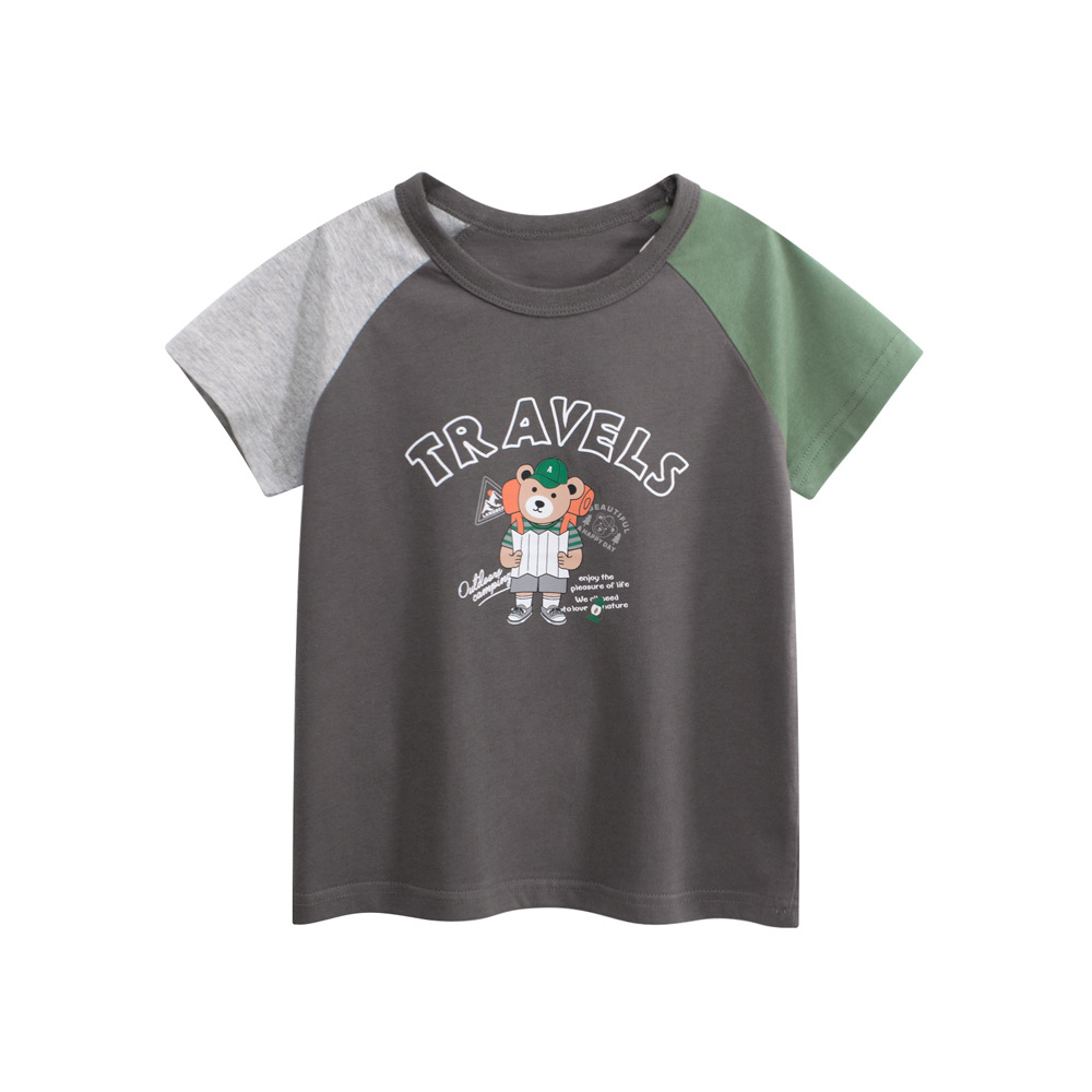 27kids camiseta de manga corta para niños verano nuevo estilo ropa de bebé niño oso de dibujos animados color a juego Douyin mismo estilo