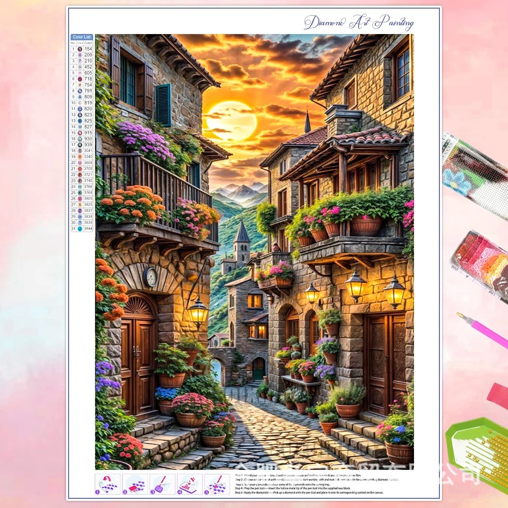 Venta caliente transfronteriza dibujos animados ciudad de bricolaje casa paisaje lleno de diamantes sala de estar dormitorio decoración pegatinas fabricante de pintura de diamantes