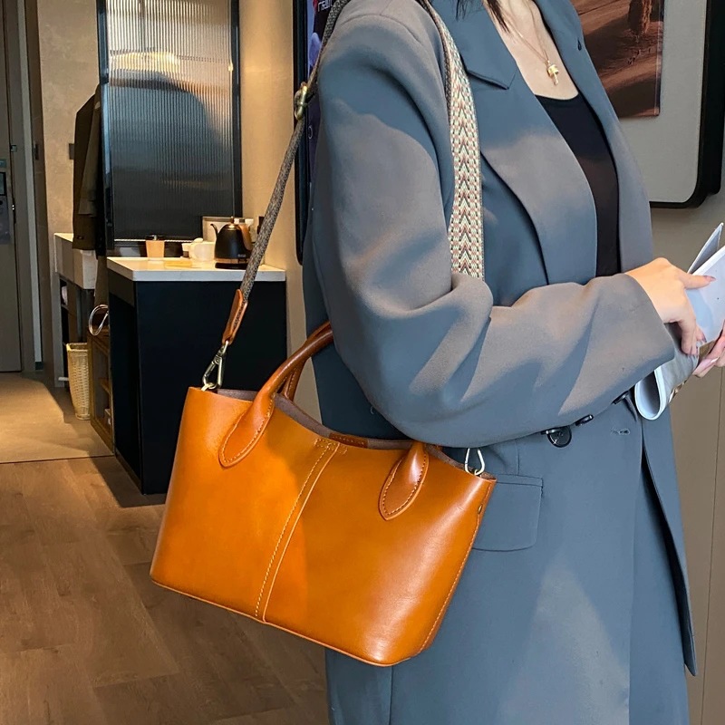 Túi tote da bò thật đeo chéo nữ nhiều ngăn dung tích lớn 28×10×18 cm — đen