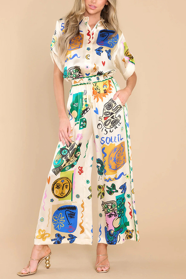 Summer Graffiti Printing Satin Short Sleeve Collared Shirt Trousers Casual Two Piece Suit Amplified craft