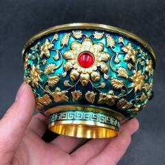 古玩收藏花开富贵碗珐琅手工摆件做旧鎏金碗摆设工艺品