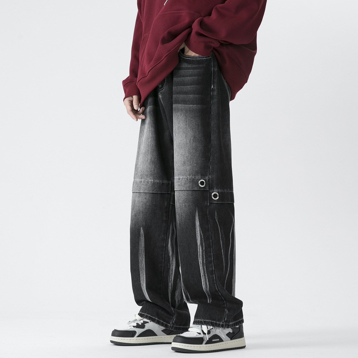 Trendy patchwork tie dye gradient jeans for men's loose straight leg wide leg casual long pants_voghion.com