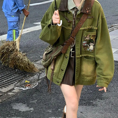秋季复古童趣刺绣牛油果绿拼接牛仔外套女设计感小众做旧风夹克潮