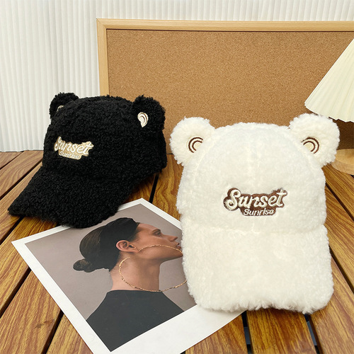 Korean version cute bear ear hat for girls, sheep wool letter embroidery baseball cap, winter warm duckbill hat