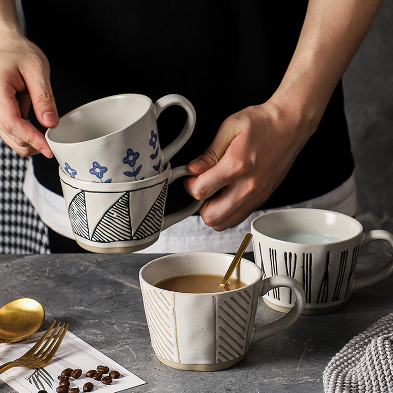 简约日式风格陶瓷咖啡杯手绘哑光家用复古下午喝茶套装轻奢杯垫