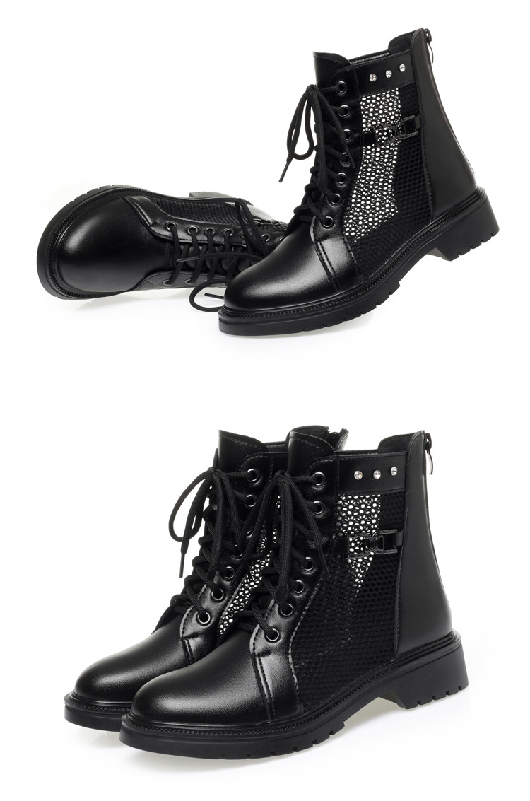 Boot Martin lưới da thật thoáng khí cổ thấp gót cao vừa — Màu đen chi tiết 17