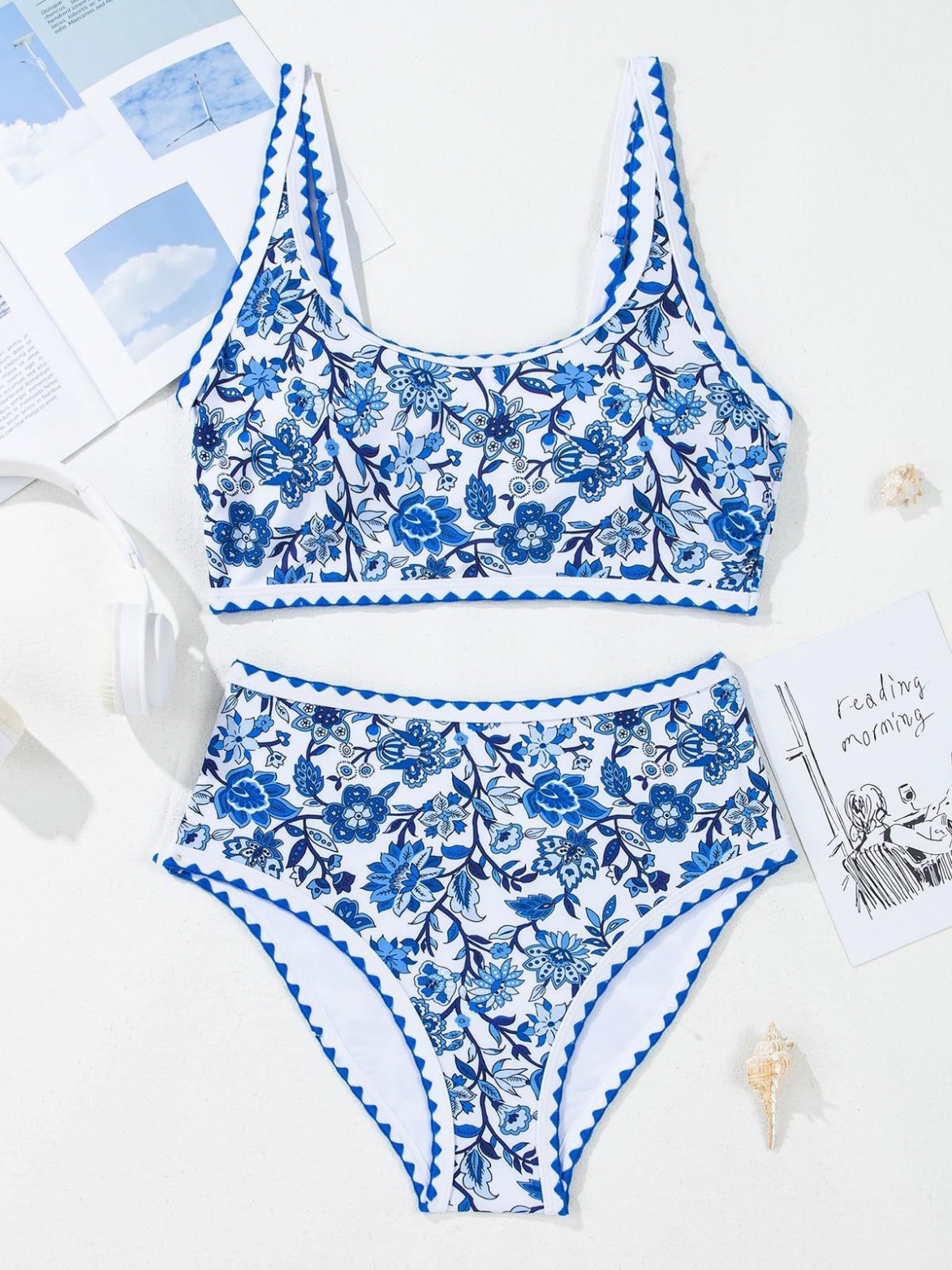 2025 Europa y los Estados Unidos transfronterizos de moda femenina set de flor impresión de bloqueo costura 2 piezas set de traje de baño de cintura alta baja cuello redondo nadador