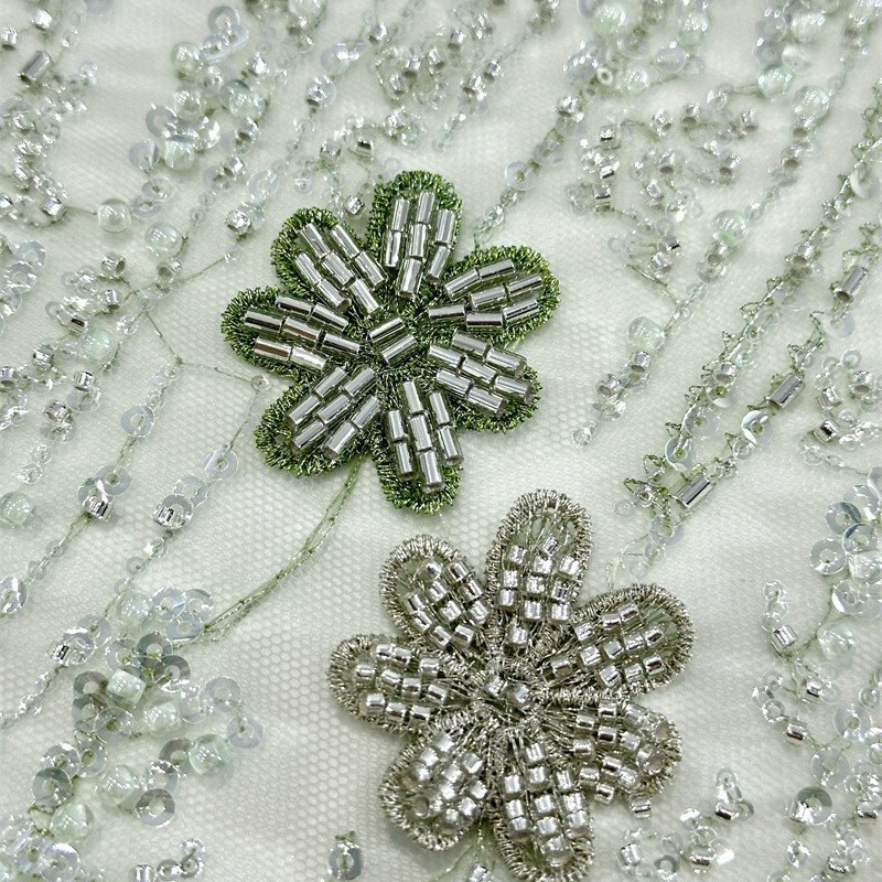 Multicolor decalca hecha a mano tubo de perlas bordado tela de malla pequeña cena de hadas fresca vestido de boda tela de vestido