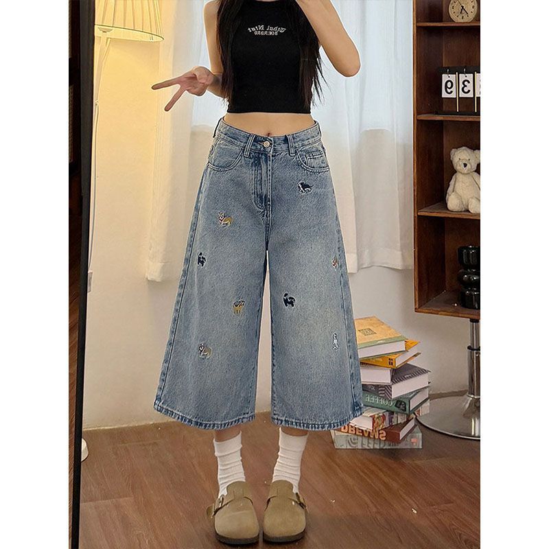 Trendy Embroidered Wide-Leg Cropped Jeans for Women, Summer New Style, Loose High-Waisted Slimming Straight Shorts