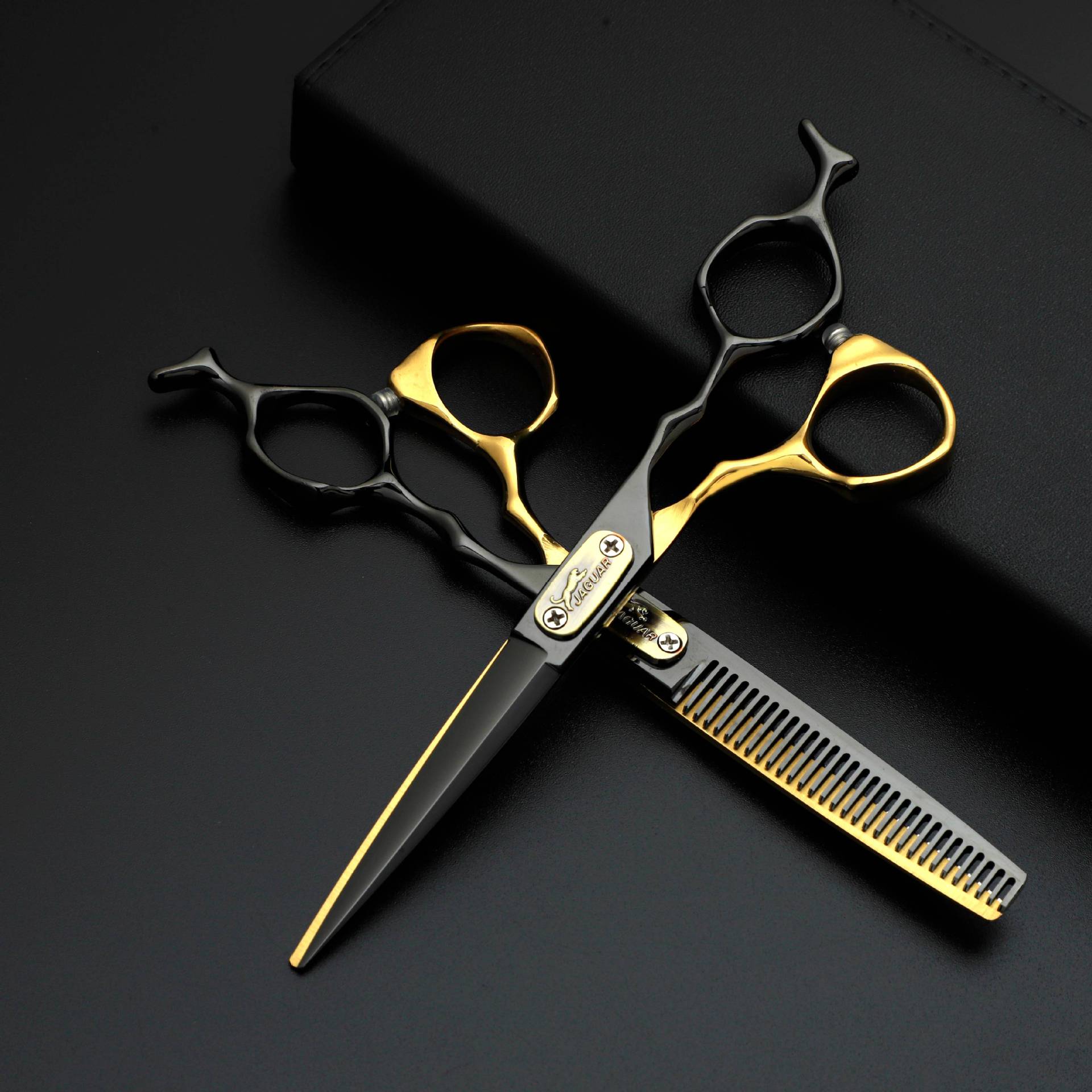 Tijeras de peluquería de alta calidad transfronterizas de oro negro tijeras de corte de pelo profesional tijeras de dientes sin marcas tijeras de corte de pelo peluquería cabello roto
