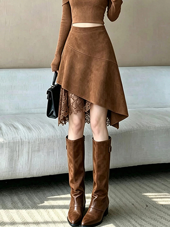 Chân váy nữ dáng chữ A eo cao lưng cao phong cách thanh lịch, chất liệu da hươu mềm mịn, thiết kế bất đối xứng, dáng trung dài — Màu cà phê đậm, màu kaki, đen