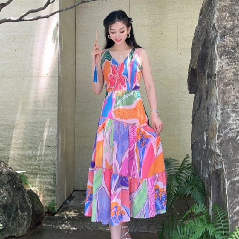 Same Style as in the Mall 2026 Summer Women's New Versatile V-Neck Waist-Cinching Elastic Printed Sleeveless Dress 1500507