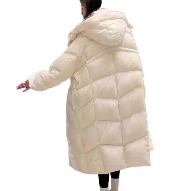 Long down jacket, Korean style, teen fit, hooded, off‑white or black