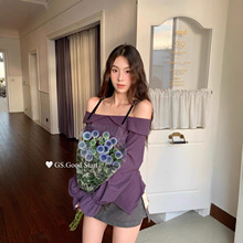 清仓不退换 秋季韩系气质时髦皮扣一字肩不规则长袖小衫G6570V