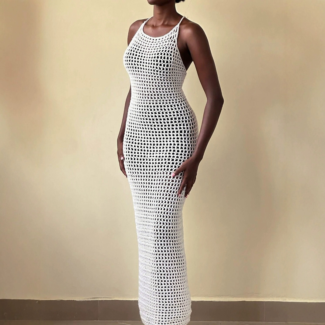 Knitted Cutout Blouse Long Dress Beach Vacation Spring And Summer