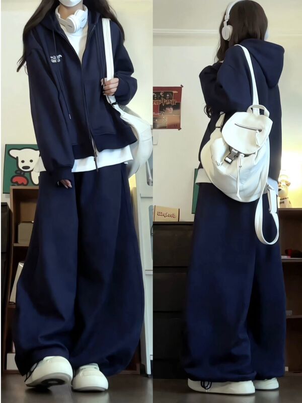 Navy Blue Hooded Sweatshirt and Sweatpants Casual Heavyweight Sports Suit for Women Autumn and Winter American Wide-Leg Pants Two-Piece Trendy Set