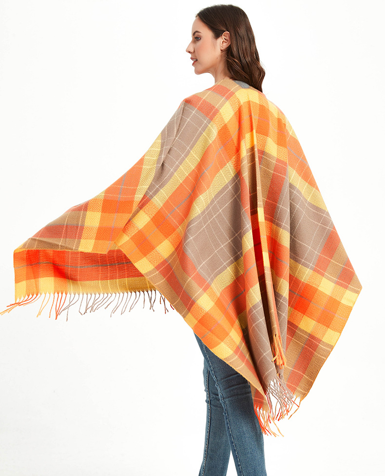 Unisex Spring fall women's cape double-sided plaid split acrylic cape_voghion.com