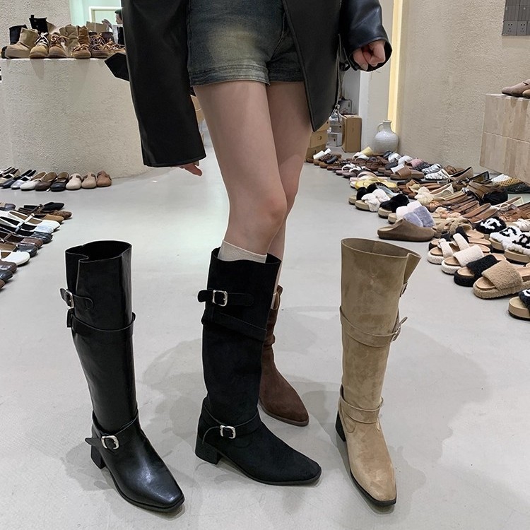 真皮内增高复古皮带扣粗跟长筒靴不过膝显瘦骑士靴尖头褶皱堆堆靴|undefined