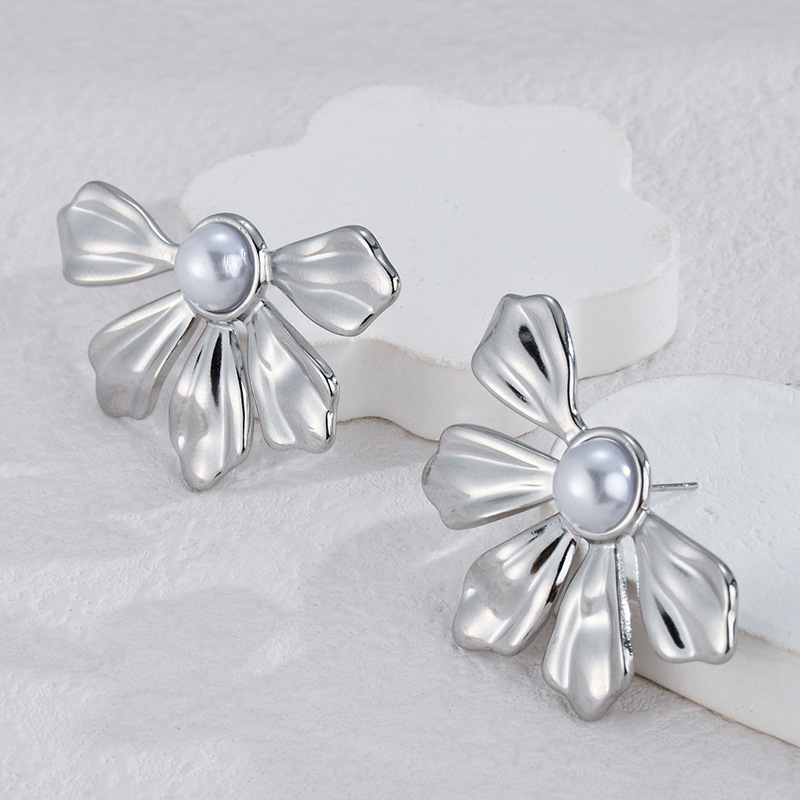 All Seasons Season Wholesale Jewelry IG Style Flower Bow Knot 304 Stainless Steel Pearl Inlay Rings Earrings