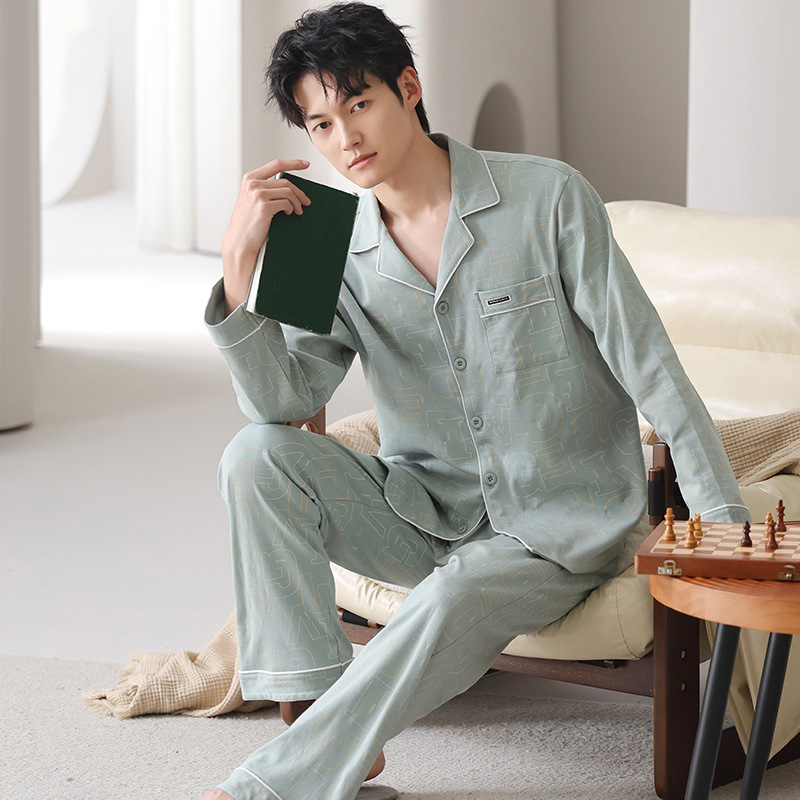 Pijama primavera y otoño cardigán de hombre 2025 nuevo algodón de manga larga se puede usar fuera de la versión suelta del conjunto de ropa para el hogar