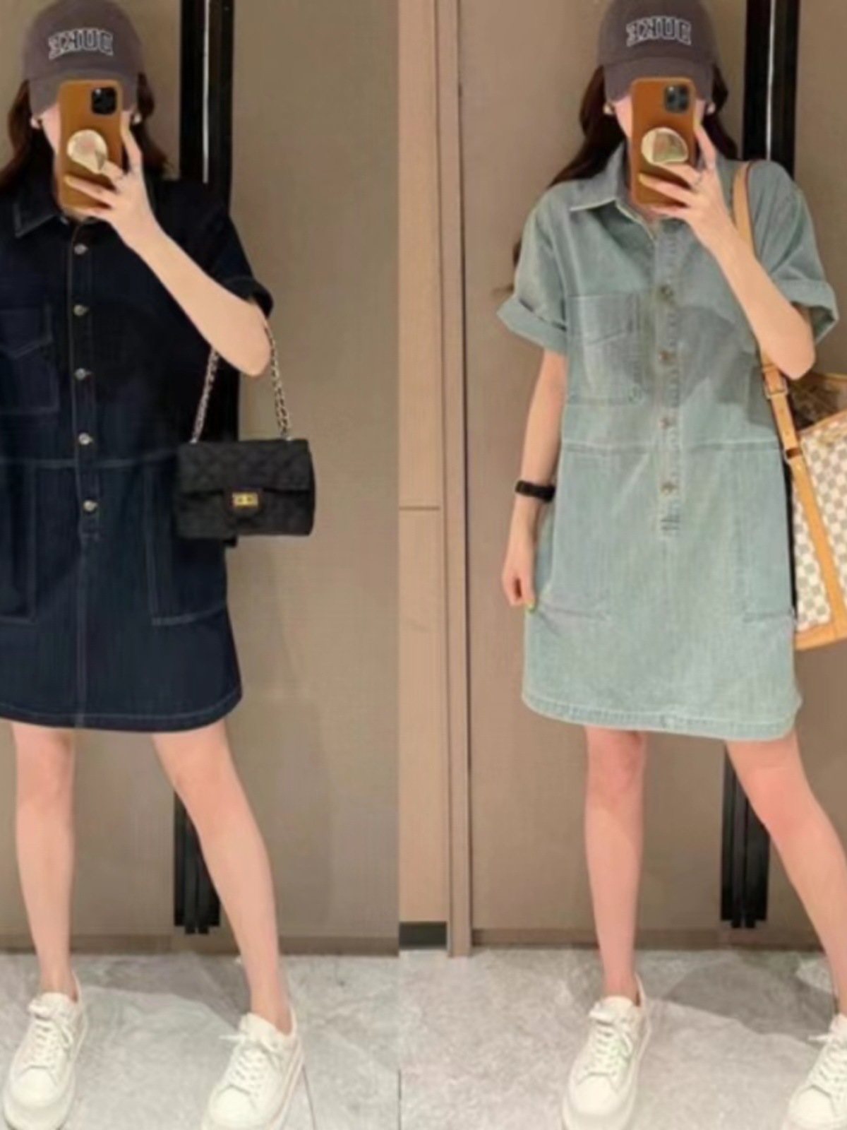 Váy liền denim ống đứng tay ngắn viền cong cỡ lớn — Màu xanh lam nhạt