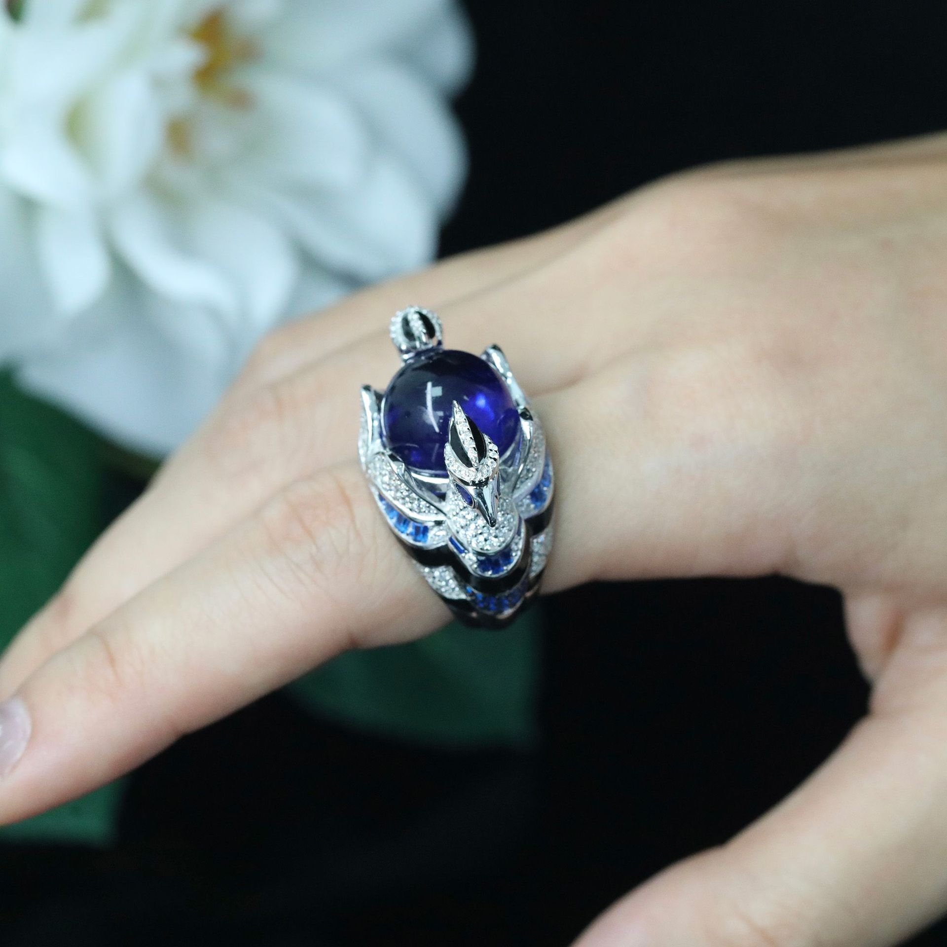 (2개) 골드 도금 링 높은 탄소 다이아몬드 로얄 블루 보물 동물 높은 구슬 더블 헤드 이글 링 맞춤형 패션