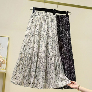 Plus Size Women's Clothing Fat mm Summer New Style 2025 Pleated Floral High Waist Mid-Length Skirt Draped Retro A-Line Skirt