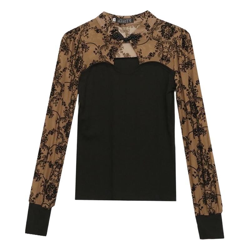 Real shot 2023 otoño nuevo impreso costura diseño retro chic stand collar manga larga Camiseta tocando fondo para mujeres image 1