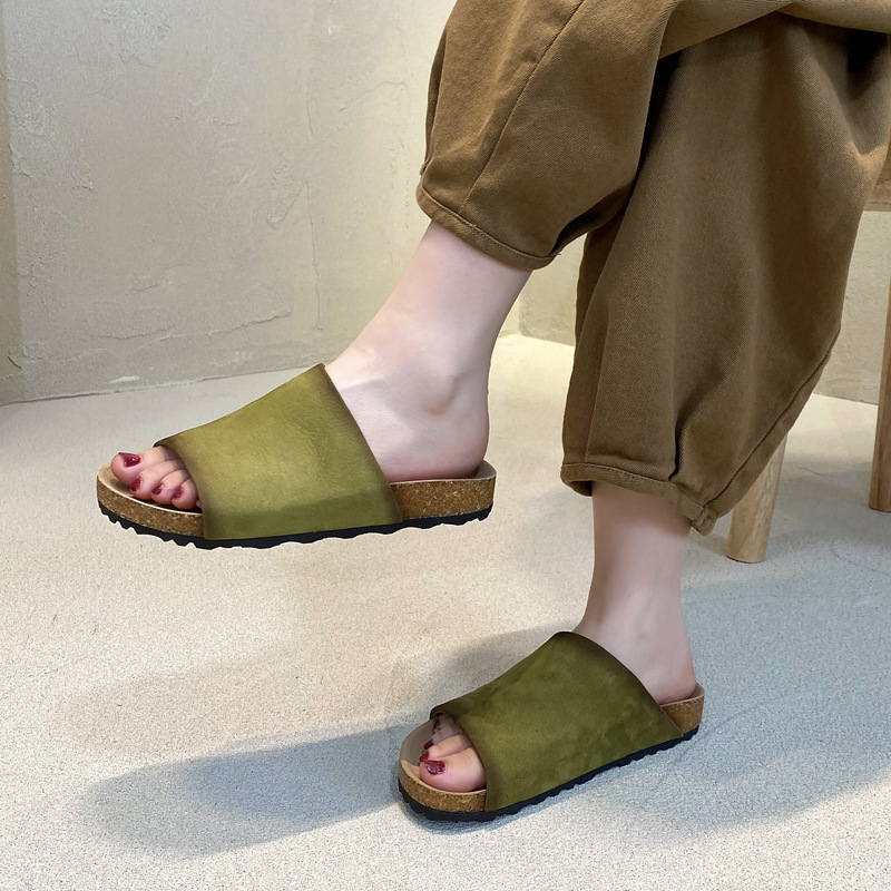 Top Layer Cowhide Candy Color Women's Slippers Flat Birkenneth Shoes 2025 Summer New Genuine Leather Outer Wear Sandals and Slippers