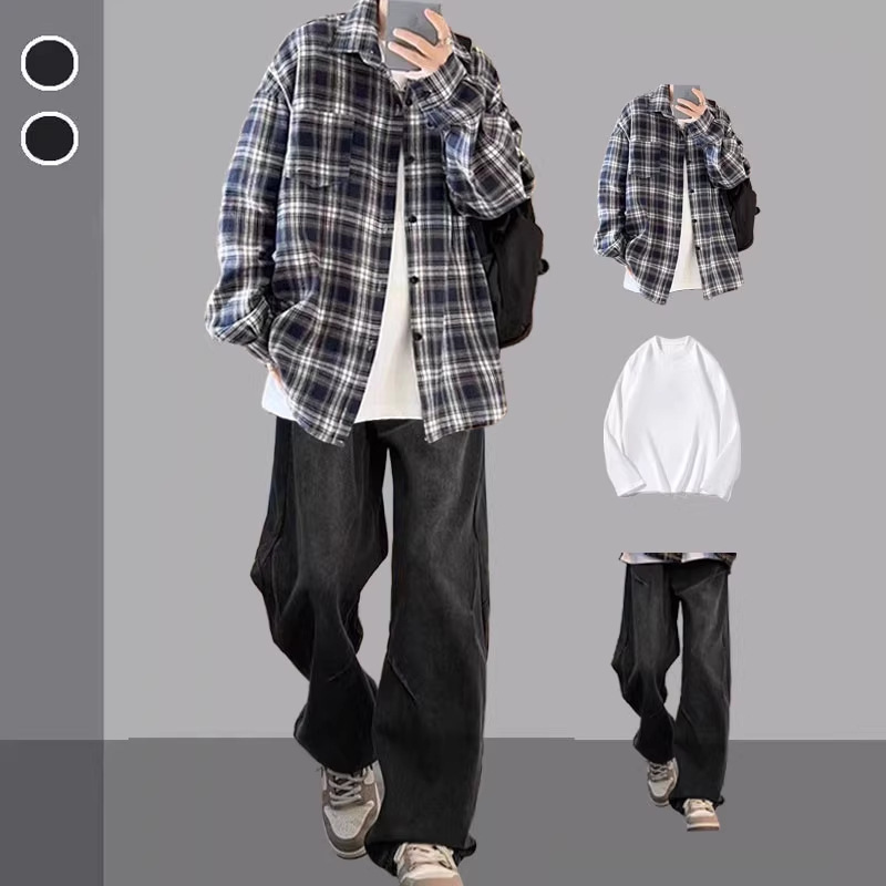 American Retro Plaid Shirt Men's Suit Autumn Men's Jacket with Jeans Handsome Shirt Three-Piece Set