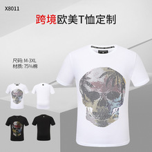 潮牌骷髅头男士夏季短袖 烫钻套头黑白两色透气舒适圆领轻薄T恤