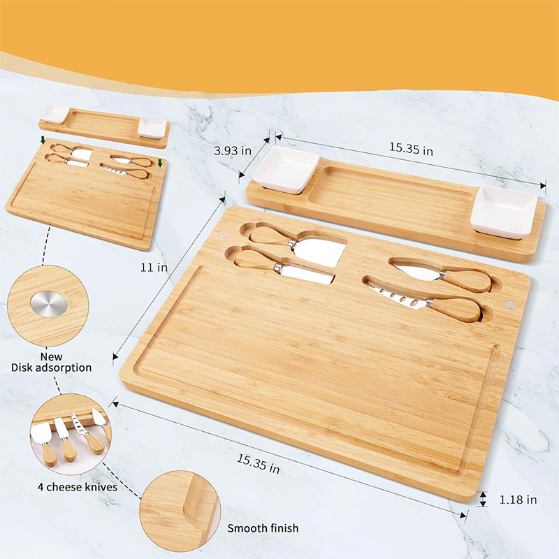 Tablero de queso de bambú con set de cubiertos tablero de platos multifuncional bandeja de queso de madera tablero de queso set tablero de corte de queso