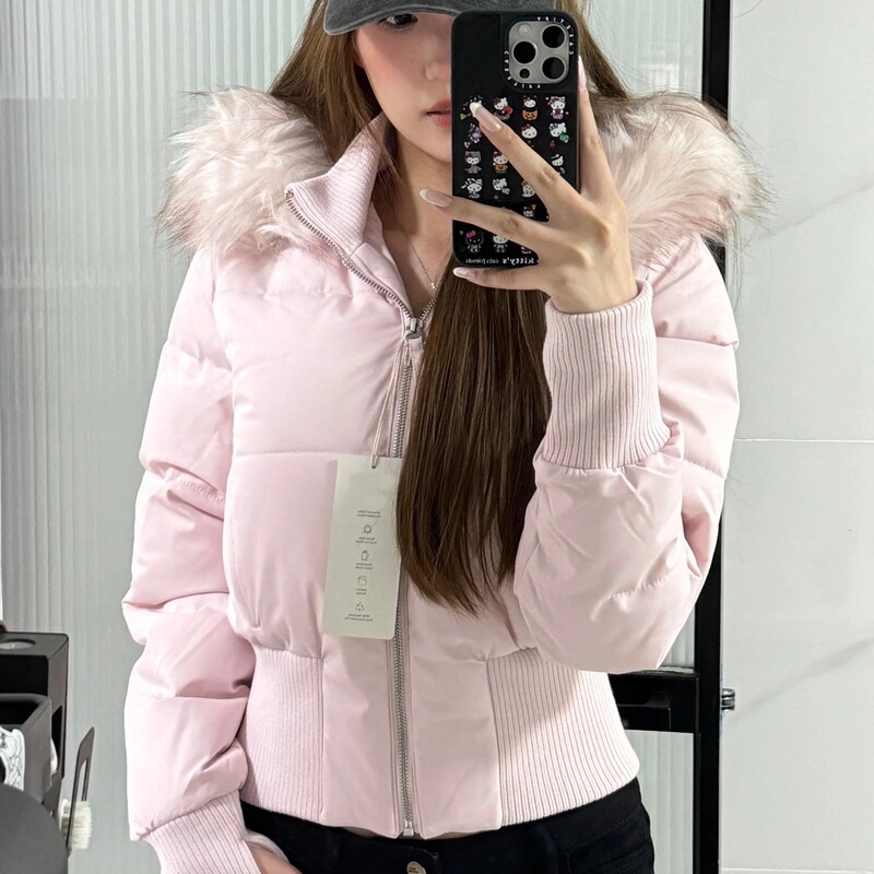 2025 Winter New Little Seagull Hot Girl Fur Collar Hooded Thickened Cotton Jacket Women's Sweet Korean Style Waist Short Cotton Jacket