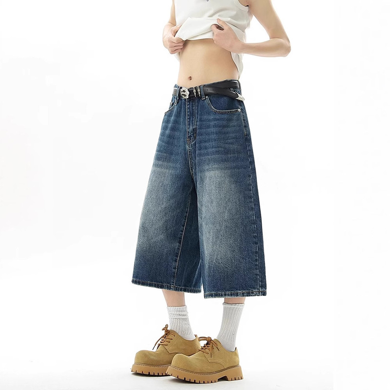 American Washed Retro Denim Cropped Pants for Men Summer Thin Trendy Brand Cleanfit Loose Wide Leg Shorts American Washed Retro Denim Cropped Pants for Men Summer Thin Trendy Brand Cleanfit Loose Wide Leg Shorts