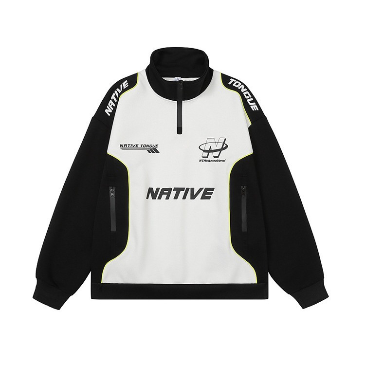 原创美式复古半拉链拼色赛车服卫衣男女春秋情侣潮服高街机车外套