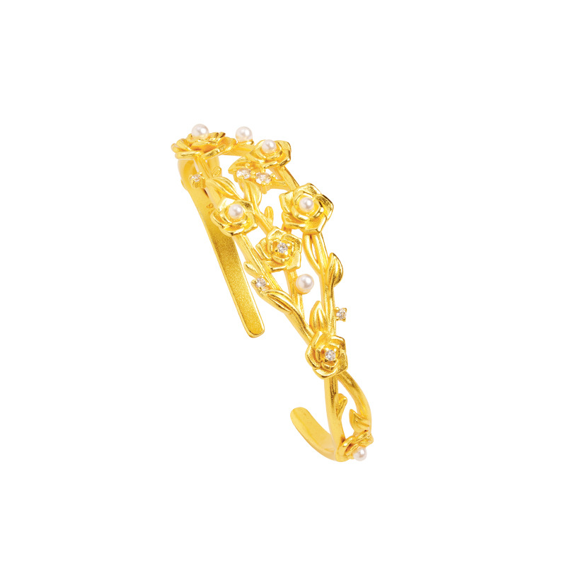 Nueva pulsera de oro de arena, flor abierta, boda, rosa, pulsera de diamantes, nicho femenino, sentido de diseño de lujo ligero, joyería que no se desvanece durante mucho tiempo