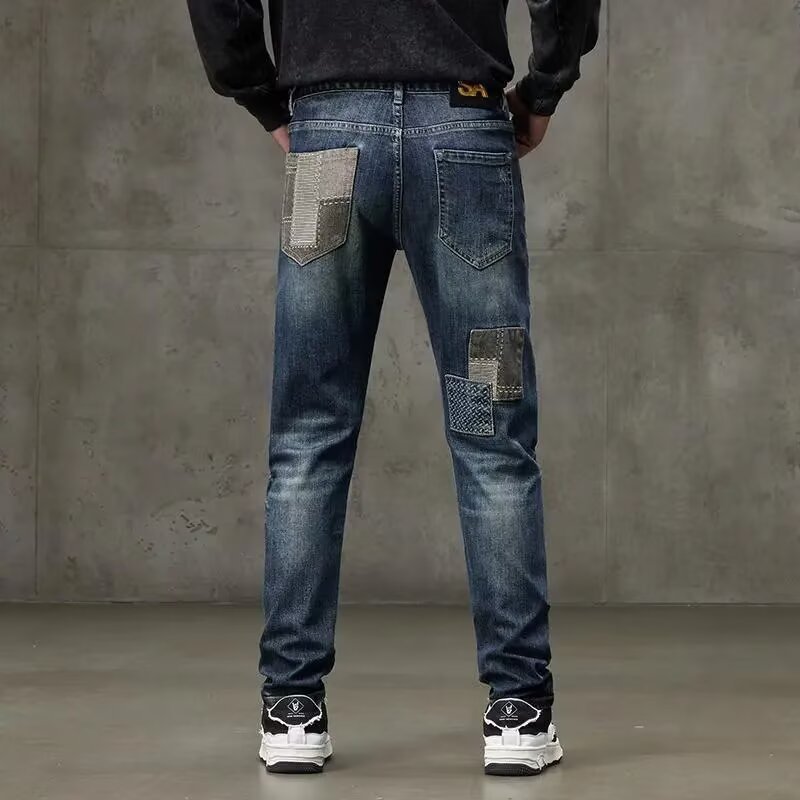 Heren retro patchwork jeans losse straight leg casual broek_voghion.com