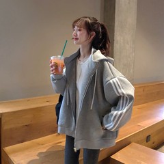 スポット 2025 秋冬韓国クロスボーダー新ストライプフード付きスウェットシャツ女性のルーズ肥厚ベルベットジッパージャケット